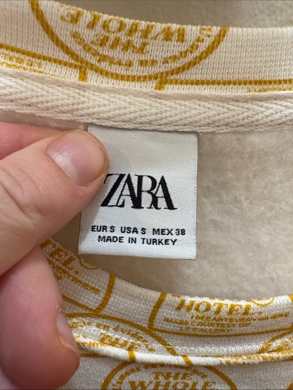 Zara Men’s White Sweatshirt with Mustard and Grand Hotel Blue Print Size Small - Picture 2 of 9